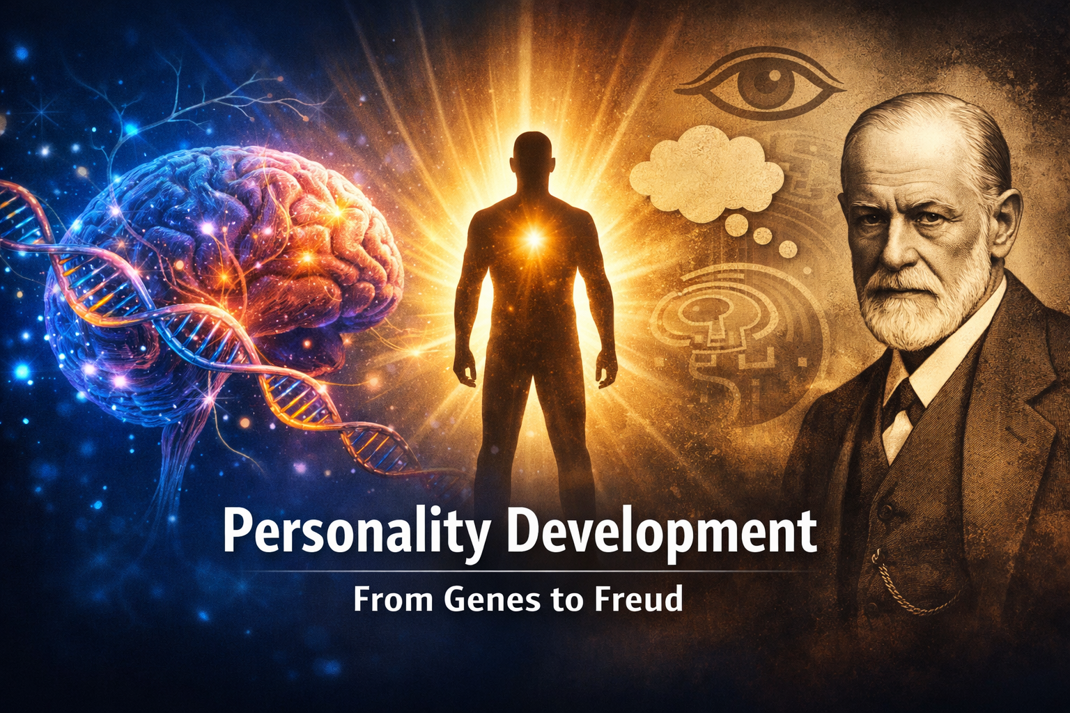 Personality development concept showing brain, DNA strands, and Sigmund Freud with human silhouette representing growth