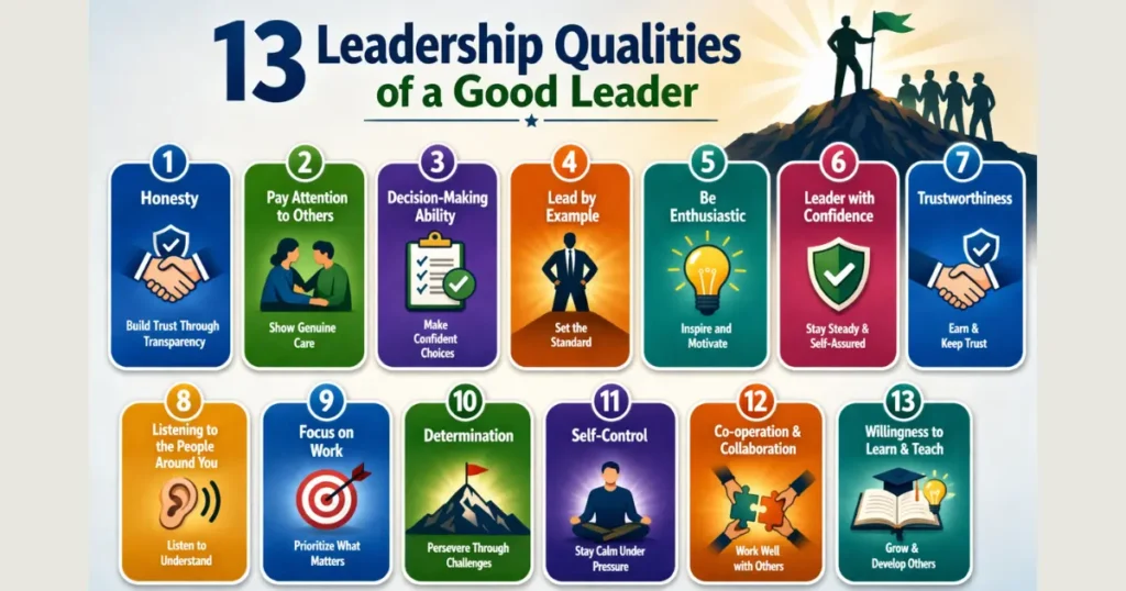 Infographic showing 13 leadership qualities of a good leader including honesty, confidence, listening, focus, trustworthiness, and collaboration