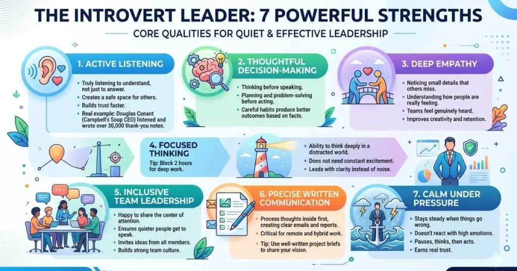 7 core introvert leadership qualities infographic - active listening, thoughtful decisions, deep empathy, focused thinking