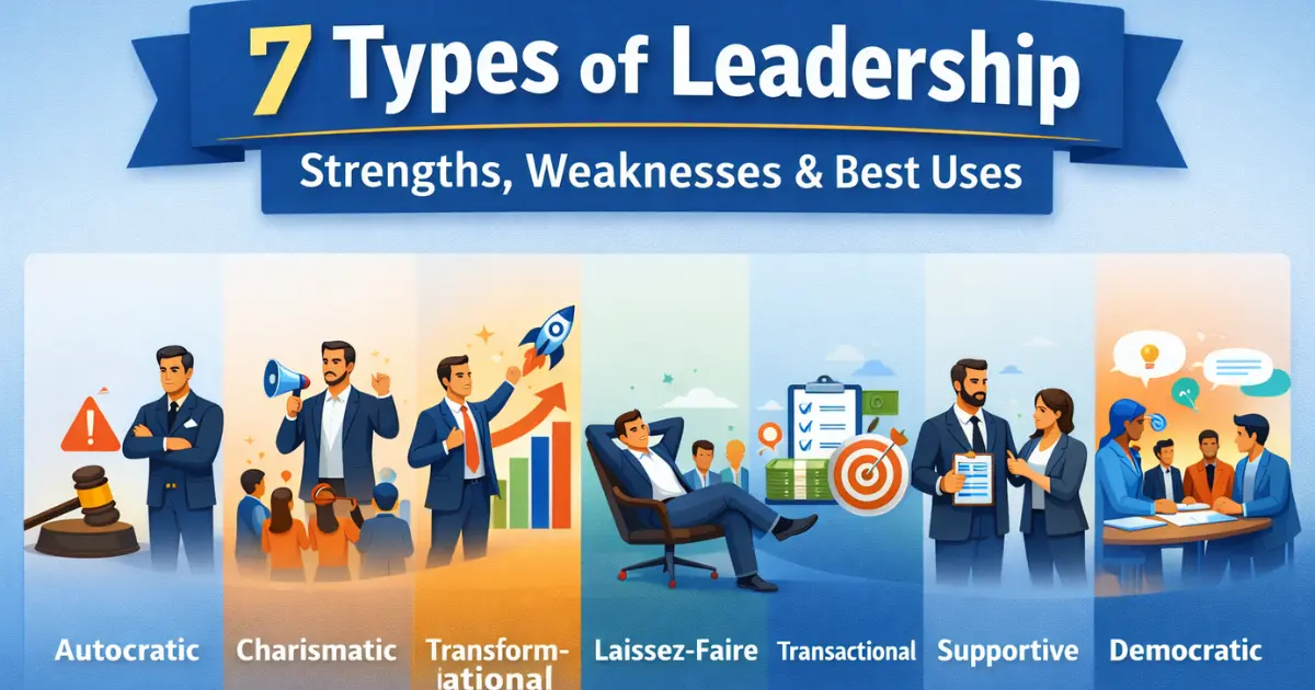 Infographic showing 7 types of leadership — Autocratic, Charismatic, Transformational, Laissez-Faire, Transactional, Supportive, and Democratic — arranged around a central leader figure on a dark blue background