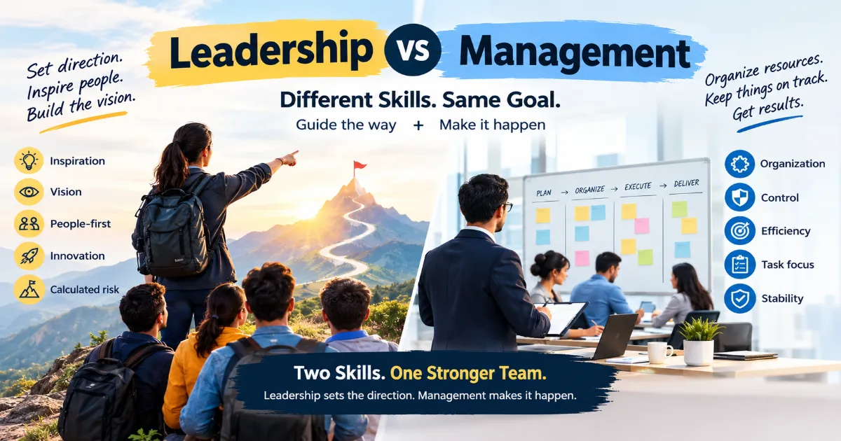 Leadership and management comparison showing vision, inspiration, organization, and execution
