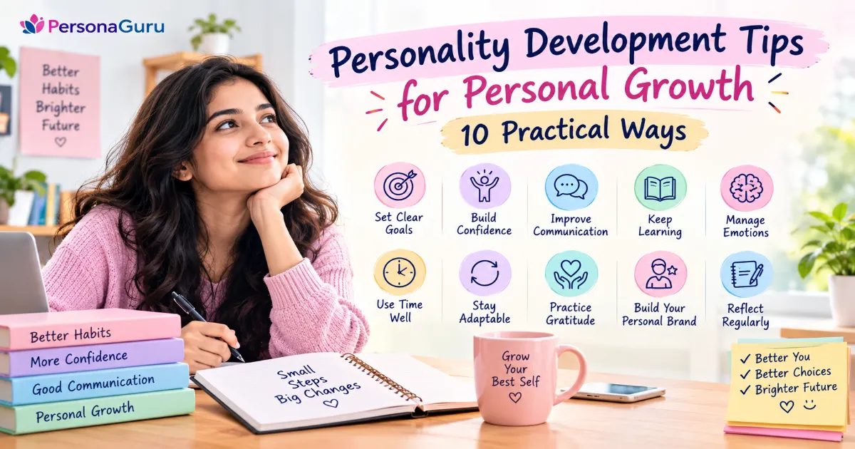 Personality development tips for personal growth, including building confidence, improving communication, managing emotions, and setting clear goals.