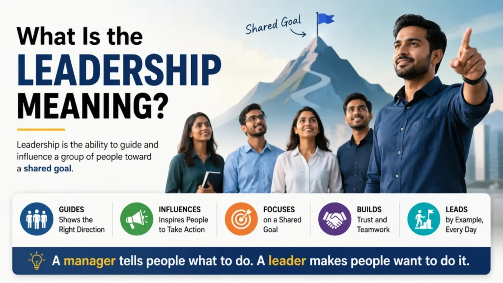Leadership meaning explained as guiding and influencing a team toward a shared goal
