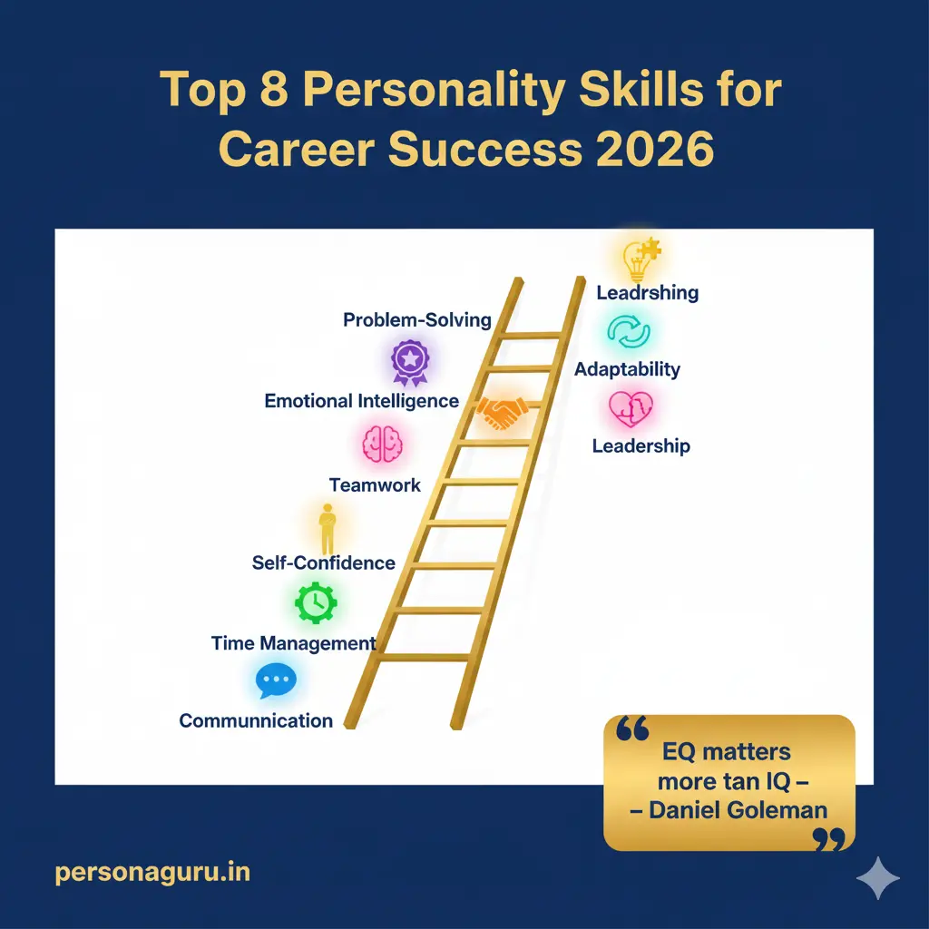 infographic 8 personality development skills career ladder communication confidence EQ leadership personaguru.in 2026