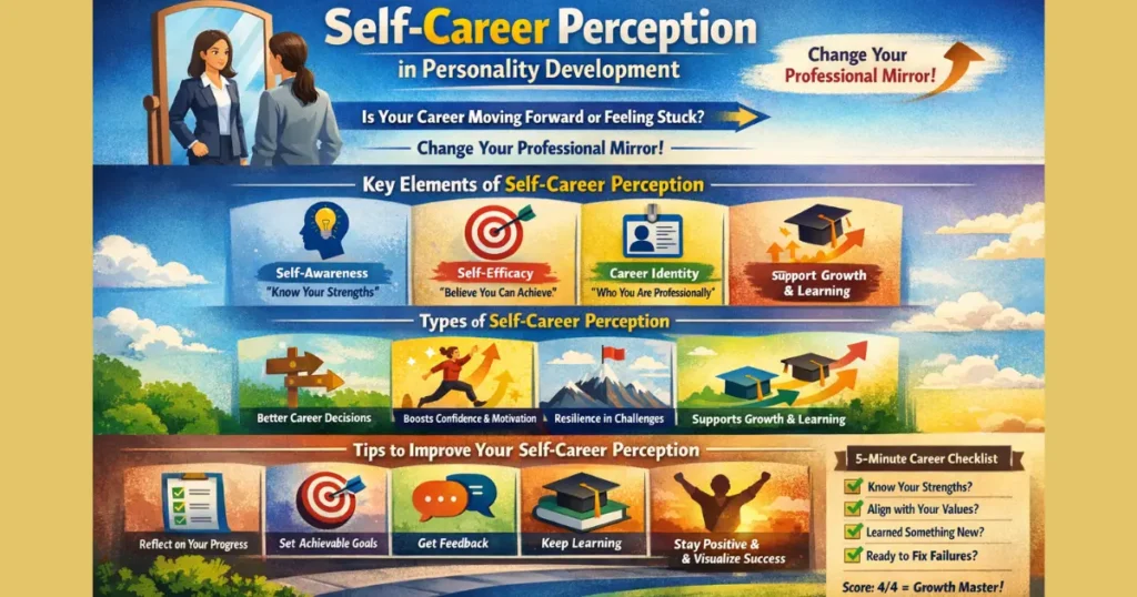 Self-career perception infographic: 4 types, checklist, career growth formula

