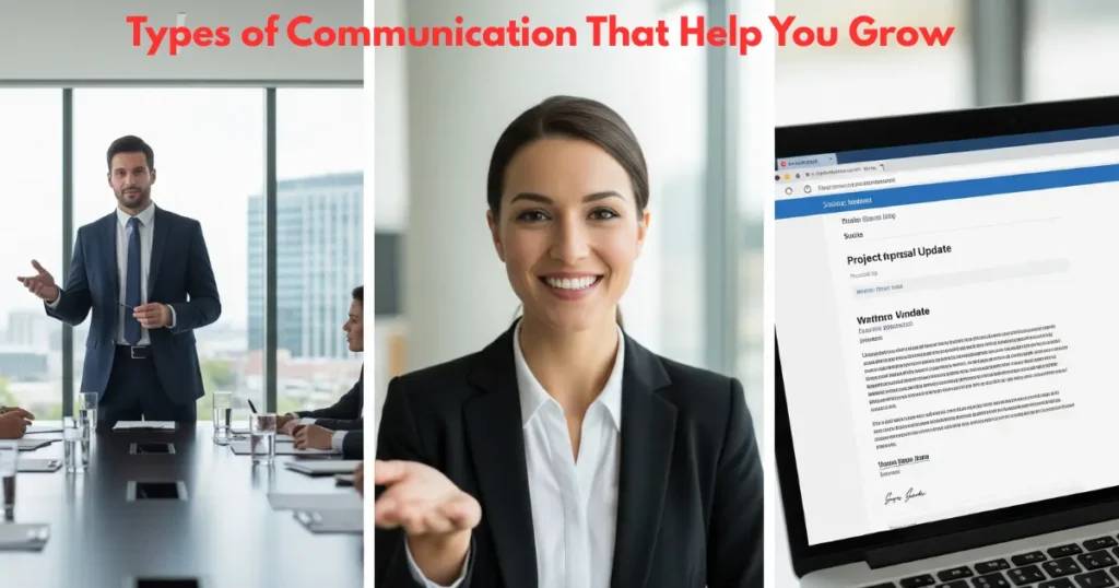 Illustration showing three types of communication skills: a person speaking confidently for verbal communication, expressive body language for non-verbal communication, and clear writing on a digital device for written communication, representing skills essential for career growth.