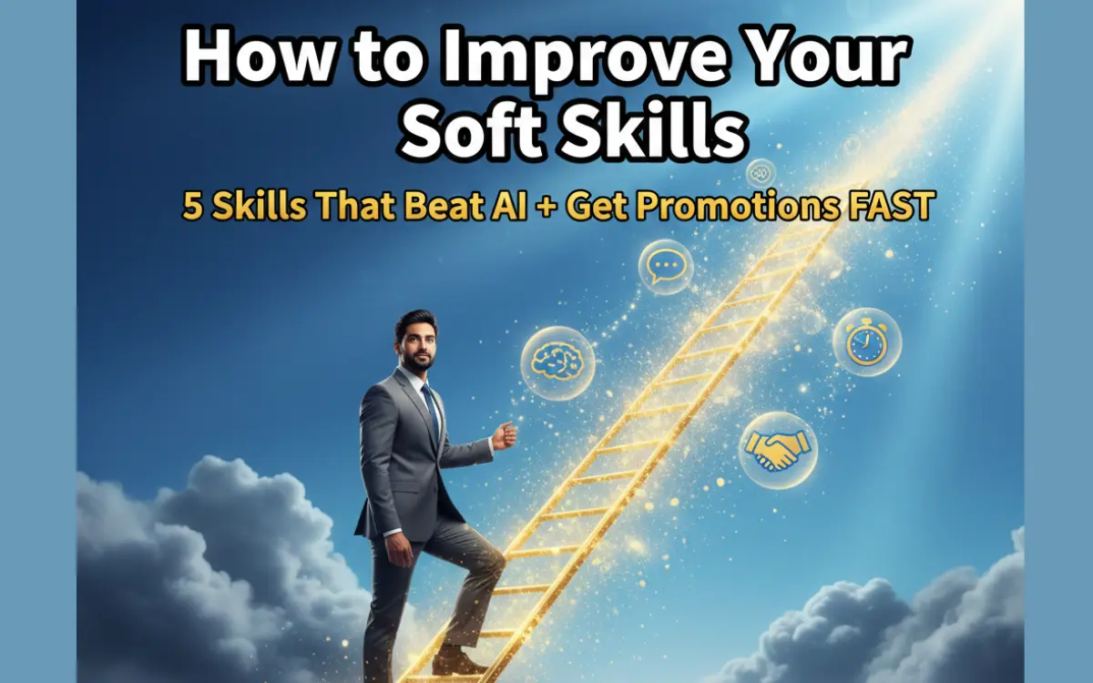 Professional climbing golden career ladder with communication emotional intelligence teamwork icons, "How to Improve Your Soft Skills" text overlay for personaguru.in blog
