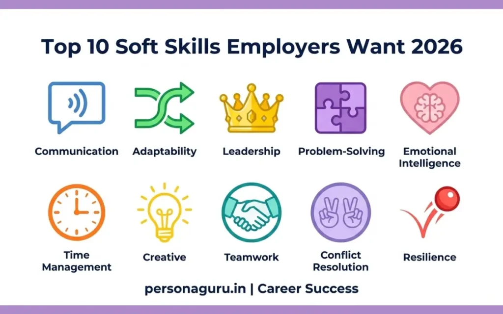 infographic top 10 soft skills 2026 communication adaptability leadership emotional intelligence time management teamwork icons personaguru.in 