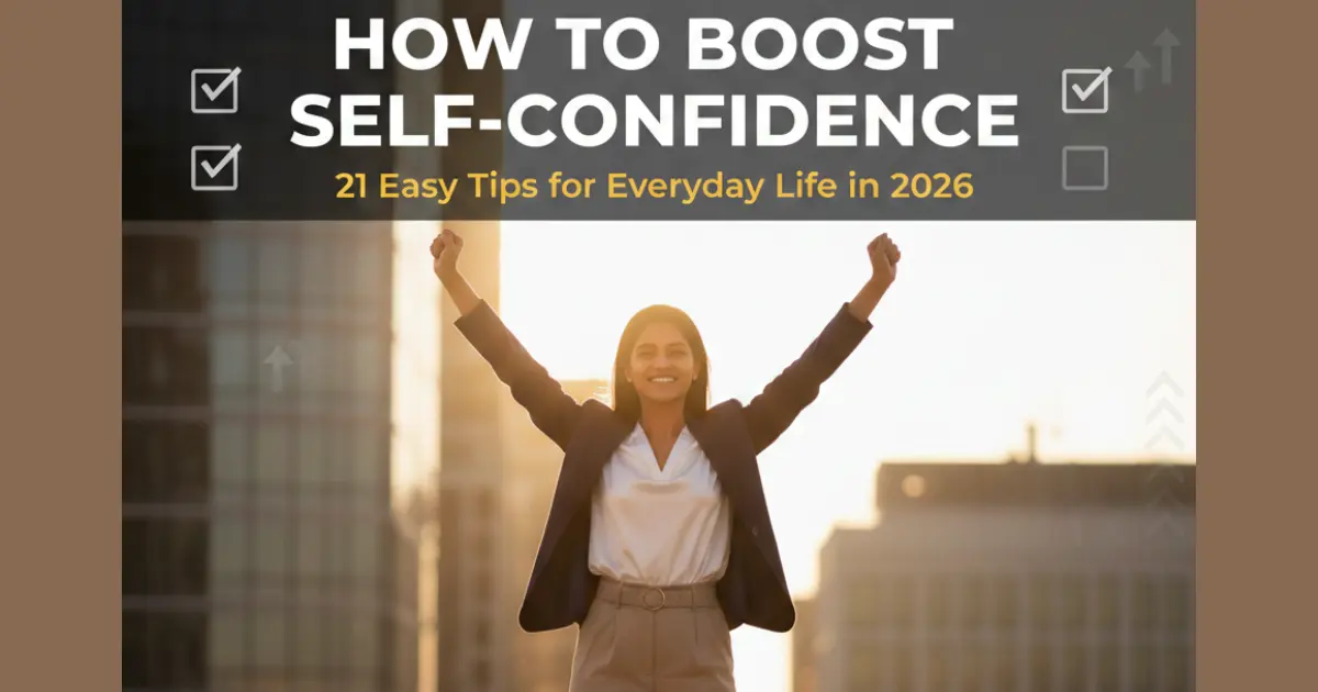 Confident woman celebrating success with 21 tips to boost self-confidence guide for personality development in 2026