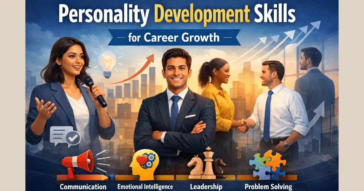 Personality development skills for career growth showing communication, emotional intelligence, leadership, and problem-solving skills in a professional workplace setting