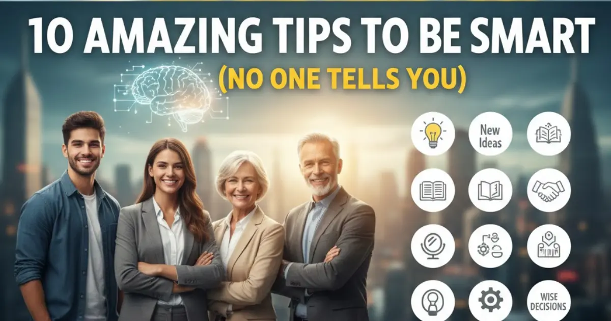 "Confident people standing together with icons showing tips to become smart, showing brain power, learning, and better decision-making for personality growth."