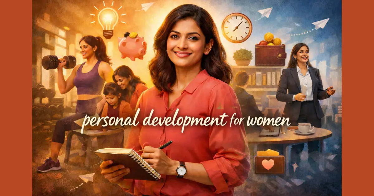 Personal development for women showing a confident Indian woman balancing family, fitness, career, and self-growth with calm and clarity.