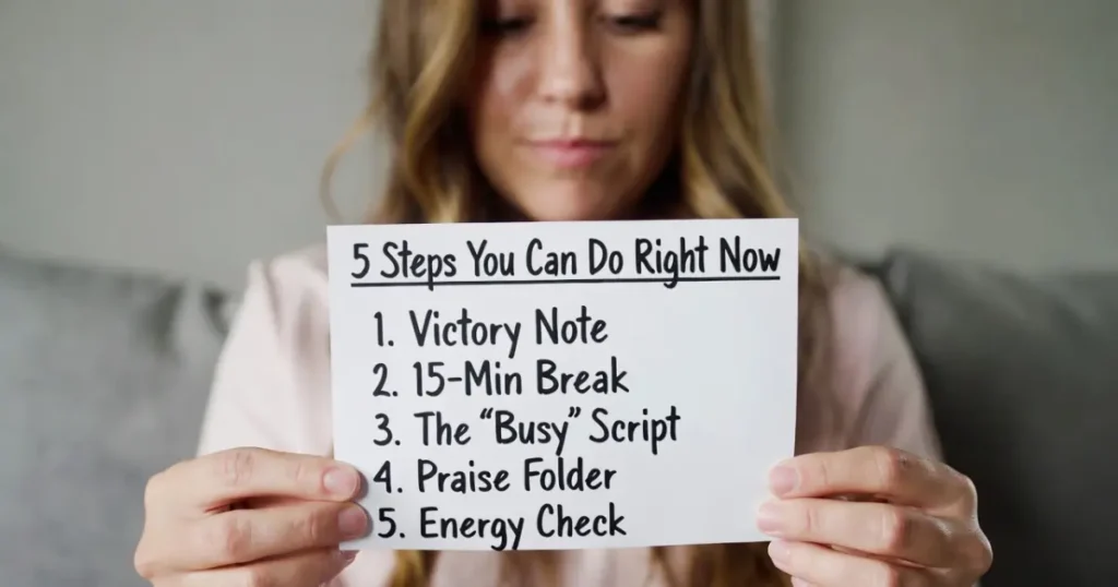 Infographic showing 5 personal development steps for women including victory note, 15-minute self time, saying no politely, saving praise messages, and matching work with energy levels.