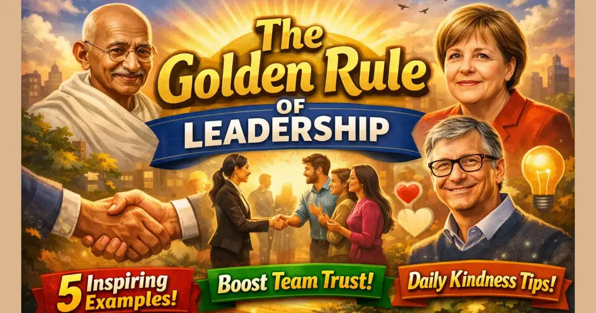 Golden Rule of Leadership feature image showing Mahatma Gandhi, Angela Merkel, Bill Gates and a modern leader shaking hands with a team, highlighting empathy, trust, kindness, and daily leadership tips