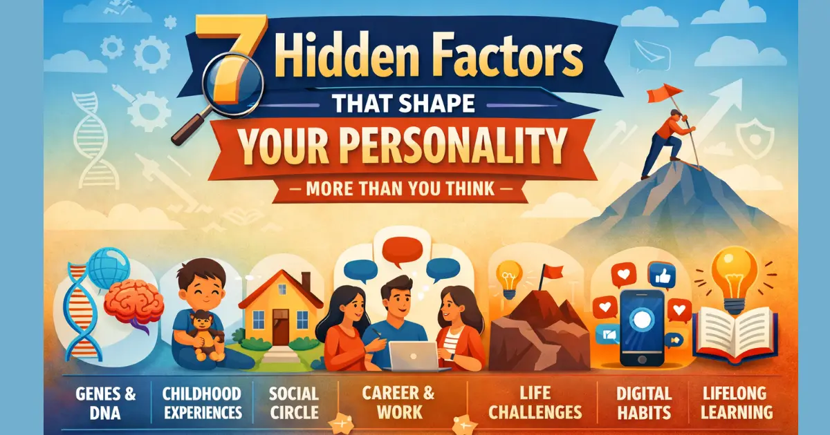 Infographic showing 7 factors affecting developing your personality including genetics, childhood experiences, social circle, career, challenges, digital habits, and lifelong learning