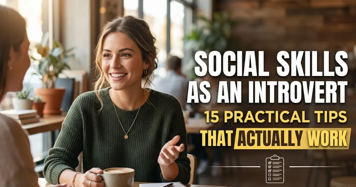 A woman practicing social skills as an introvert in a cafe setting with 15 practical tips text overlay.