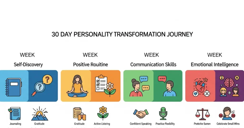 Infographic illustrating a 30-day personality transformation plan divided into four weeks: self-discovery, positive routine, communication skills, and emotional intelligence. Visual icons include a journal, sunrise, mindfulness, communication, and emotional growth symbols representing daily actions such as journaling, gratitude, listening, confident speaking, flexibility, and celebrating progress.