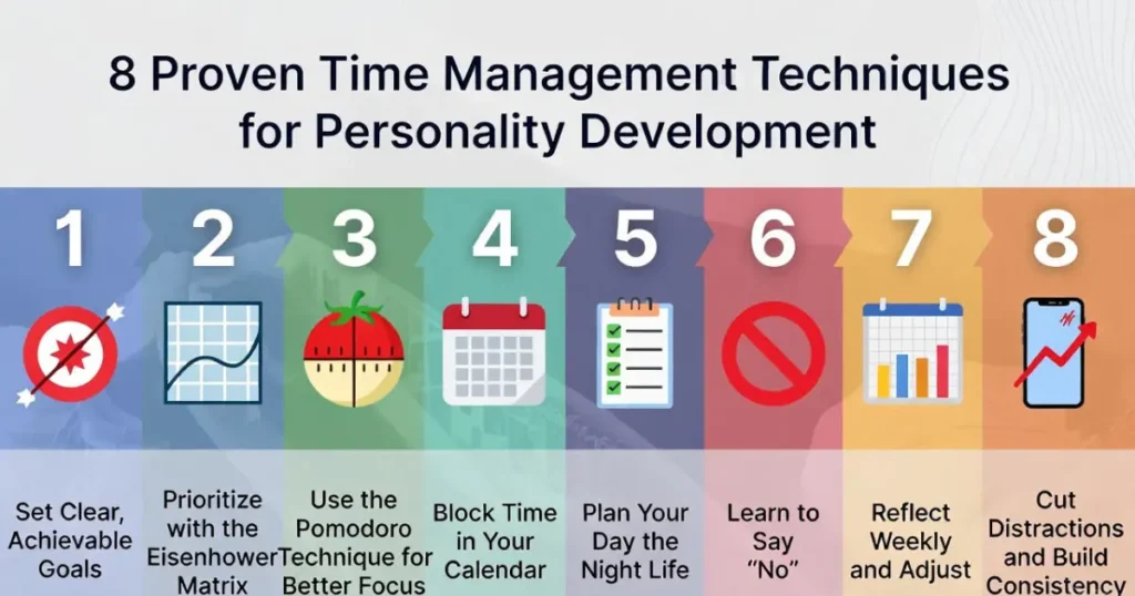Infographic showing 8 proven time management for personality development techniques including goal setting, Eisenhower Matrix, Pomodoro, and more