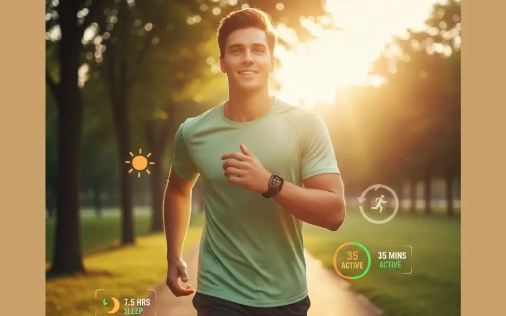 Person enjoying morning sunlight with fitness tracker showing sleep and activity stats, symbolizing energy as the foundation for personality development.