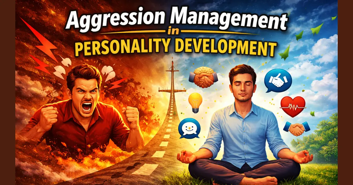 Illustration showing aggression management in personality development with anger control, emotional balance, and calm behavior