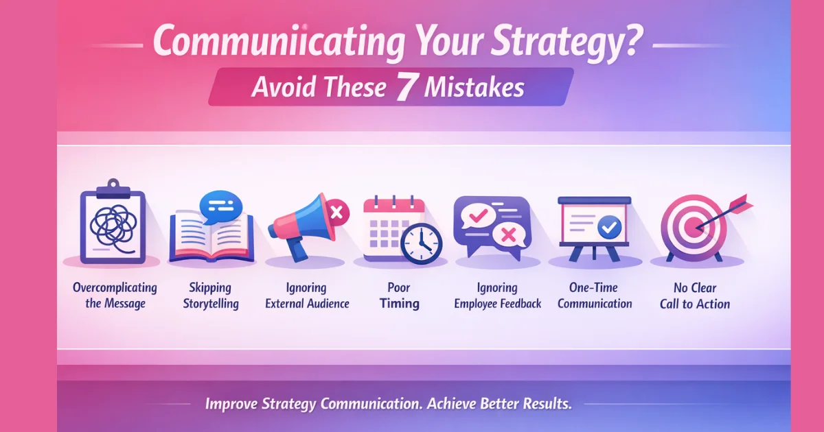 business infographic in pink, purple, and blue showing 7 common mistakes in communicating your strategy, including overcomplicating the message, poor timing, ignoring feedback, and no clear call to action.