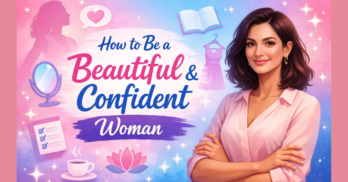 Illustration of a beautiful and confident woman with pink and blue background representing self-confidence, self-care, beauty, and personal growth