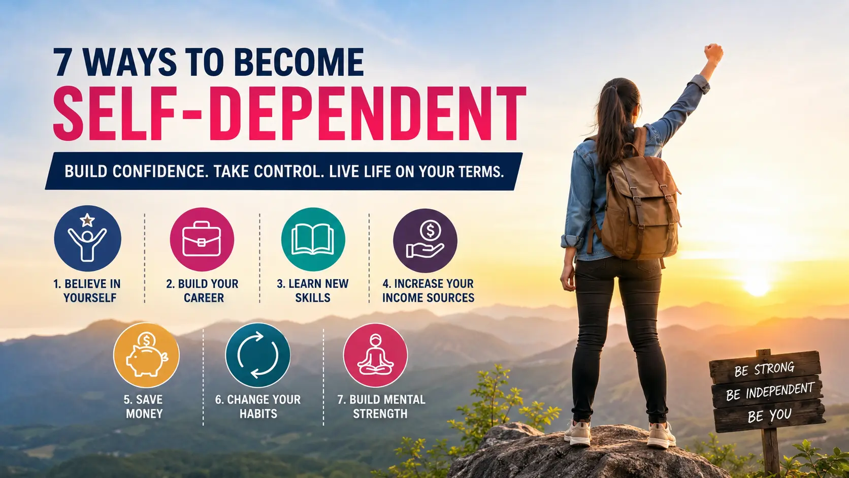 How to Become Self-Dependent feature image showing 7 practical ways to build self-confidence, financial independence, new skills, and mental strength
