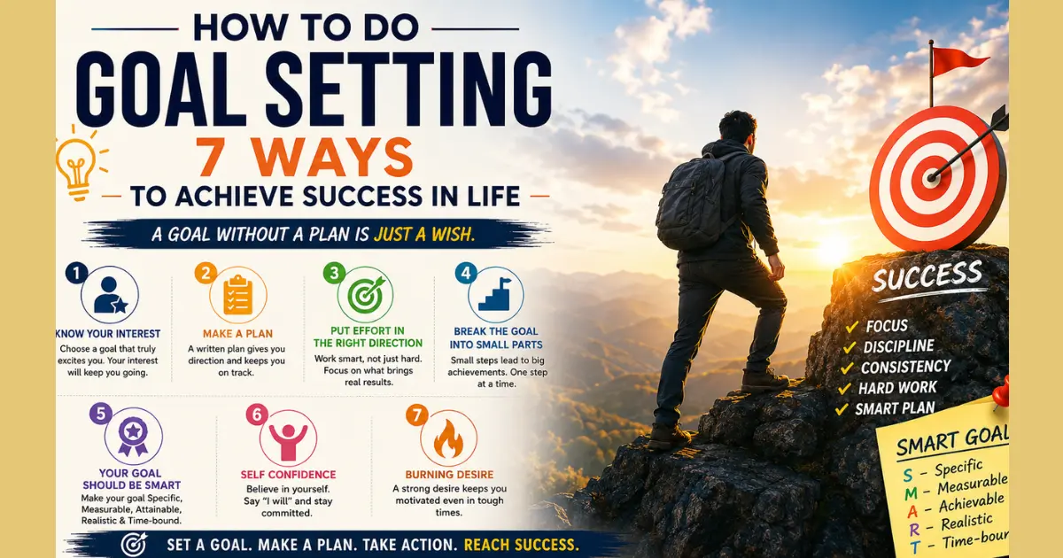 How to do goal setting with 7 practical ways to achieve success in life, including SMART goals, planning, self-confidence, and consistent action.