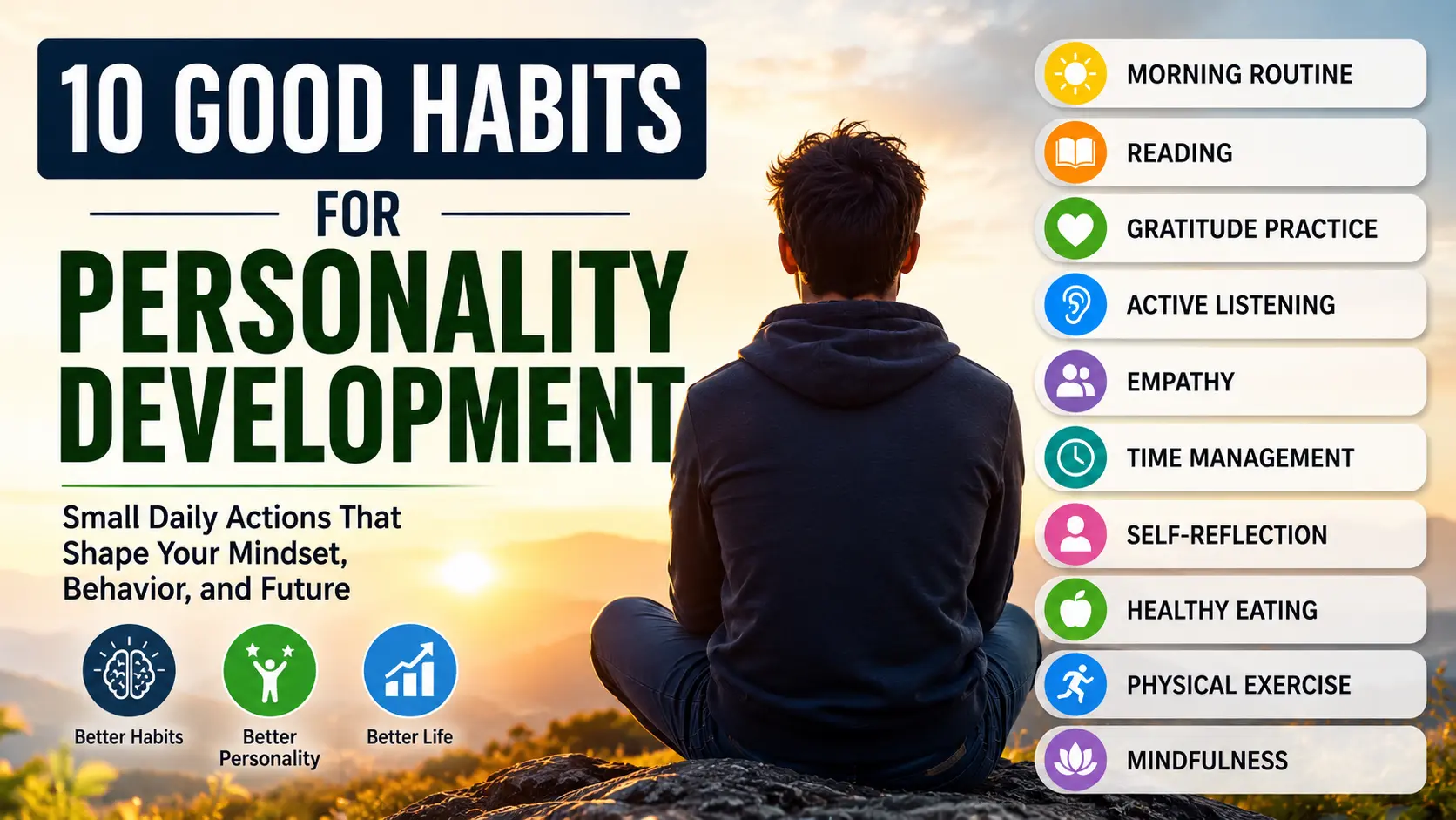 Illustration showing 10 good habits for personality development, including morning routine, reading, gratitude, active listening, empathy, time management, healthy eating, exercise, and mindfulness to build confidence and personal growth.