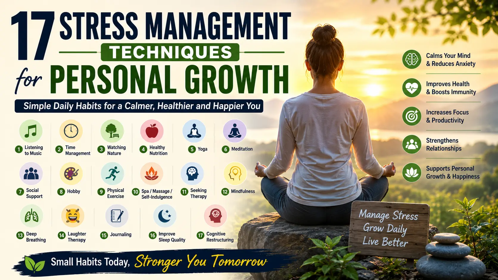Illustration showing 17 stress management techniques for personal growth, including meditation, yoga, deep breathing, exercise, healthy eating, mindfulness, journaling, and time management to reduce stress and improve mental well-being.