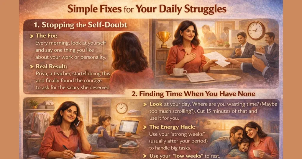Personal development for women infographic showing how to stop self-doubt, manage time better, and set healthy boundaries in daily life.