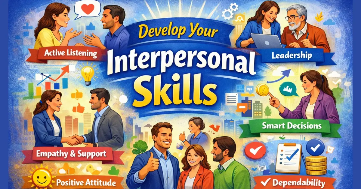 Illustration showing interpersonal skills like active listening, leadership, empathy, smart decision-making, positive attitude, emotional intelligence, and dependability for personal and career growth