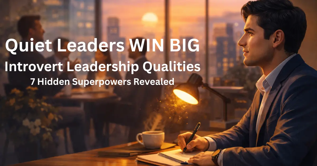 Professional feature image showing introvert leadership qualities in a workplace setting with a thoughtful leader observing and listening during a team meeting