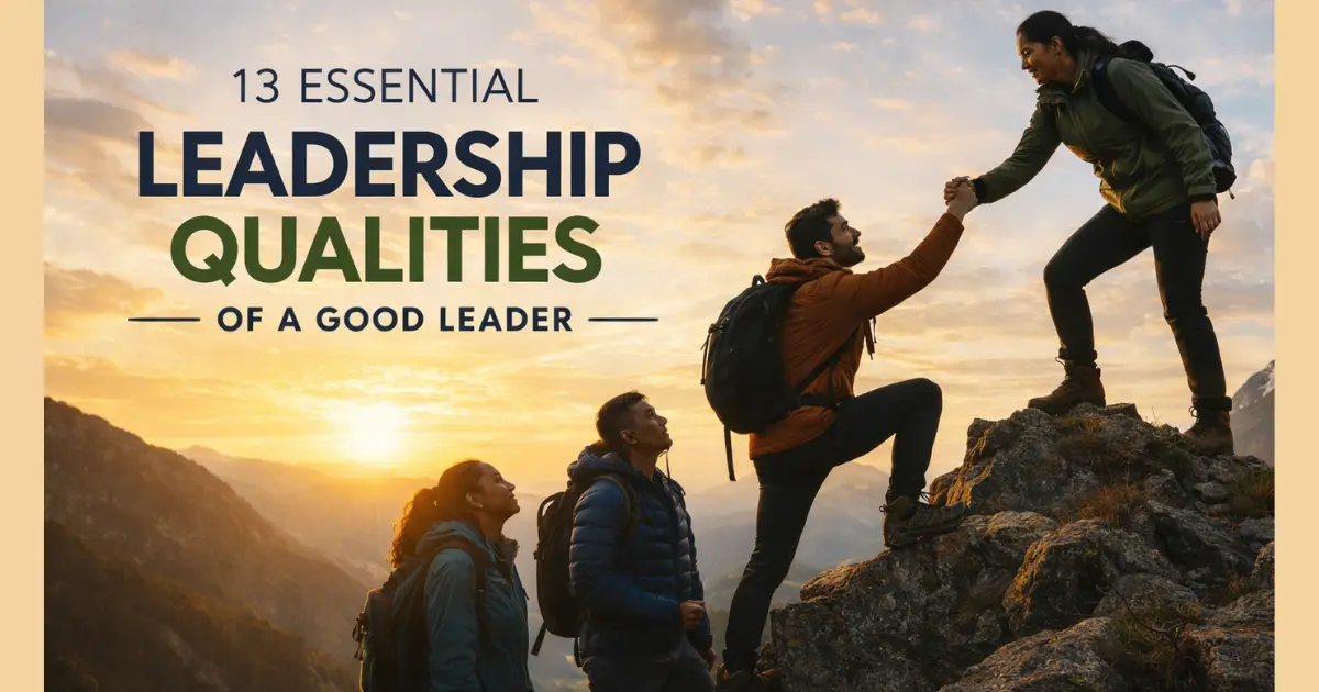 Leadership qualities of a good leader illustrated by a team leader helping others climb a mountain at sunrise