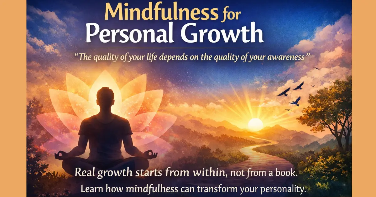 Mindfulness for personal growth feature image showing a person meditating with an inspiring quote about self-awareness and personality transformation