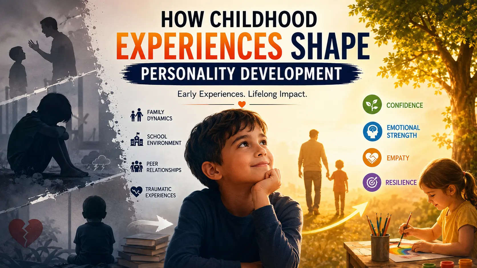 How childhood experiences shape personality development through family relationships, school, friendships, and early life experiences that influence confidence, emotional intelligence, resilience, and behavior.