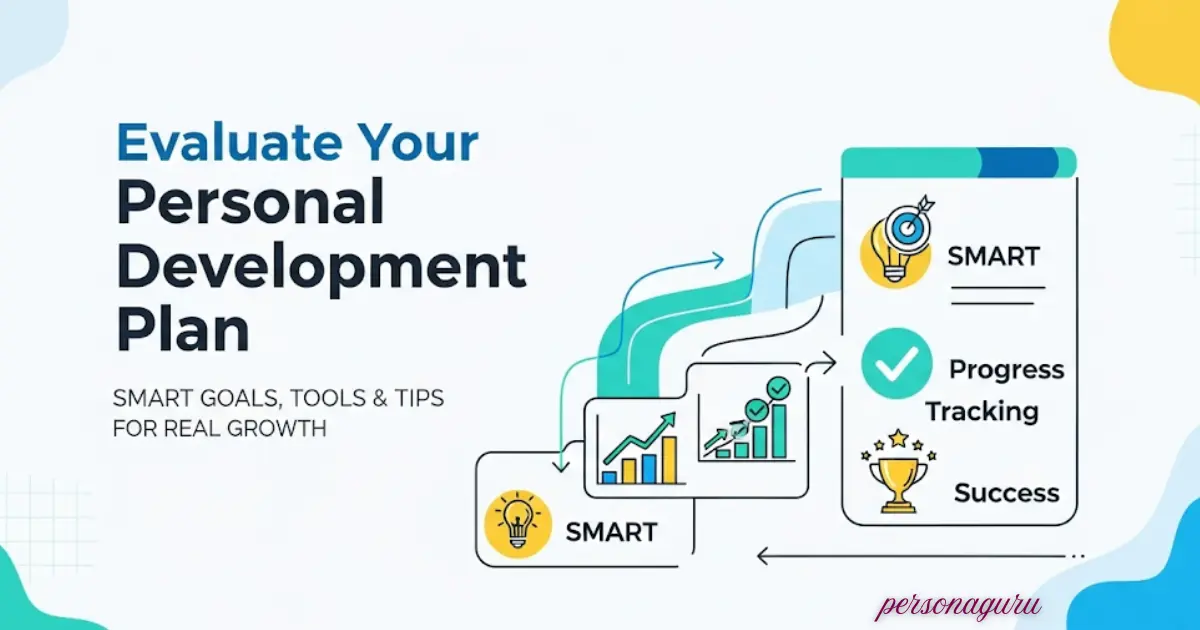 Infographic showing a roadmap to evaluate your personal development plan with SMART goals, progress tracking tools, and tips for growth in 2025
