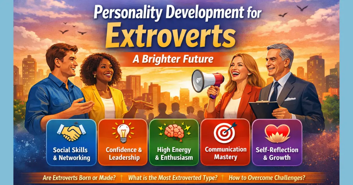 Feature image for personality development for extroverts showing confident, energetic young professionals communicating, networking, and building leadership and social skills in a bright modern setting.