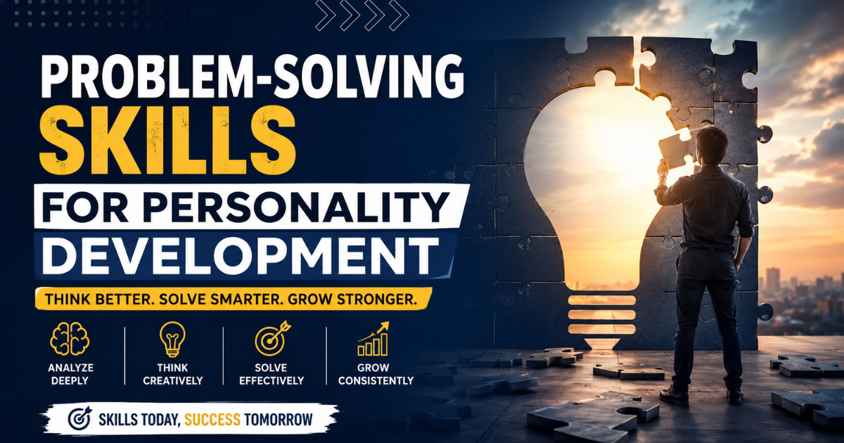 Problem-solving skills for personality development concept showing a person solving a puzzle lightbulb symbol representing critical thinking, decision-making, and personal growth