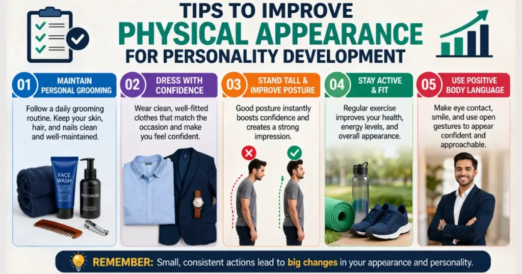 Tips to improve physical appearance in personality development including grooming, dressing, posture, and self care habits