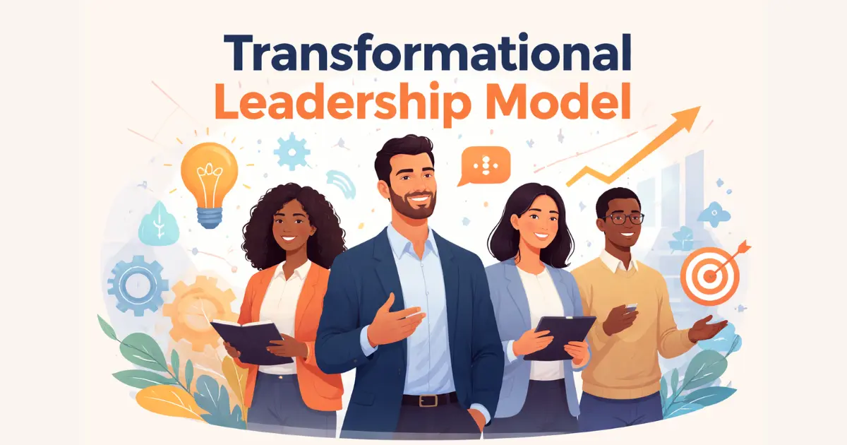transformational leadership model showing a leader inspiring a diverse team with vision and innovation.