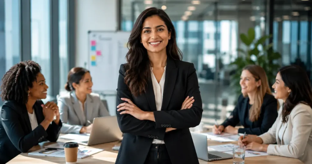 Women in leadership collaborating during a business meeting in a modern office
