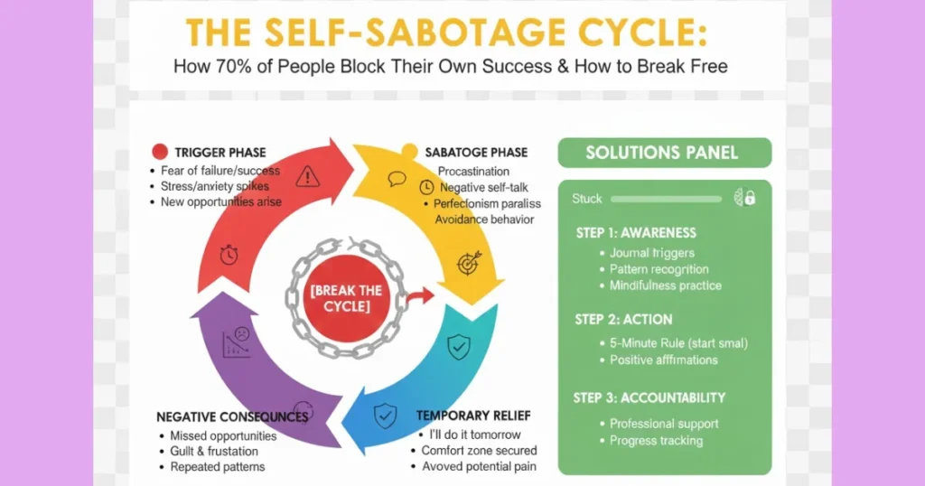 Self-sabotage meaning and 5-step cycle to break free in 2026 – Infographic by PersonaGuru