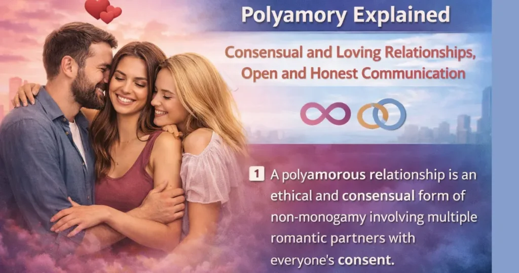 Polyamorous relationship explained showing multiple partners with consent, highlighting ethical non-monogamy, communication, and relationship dynamics