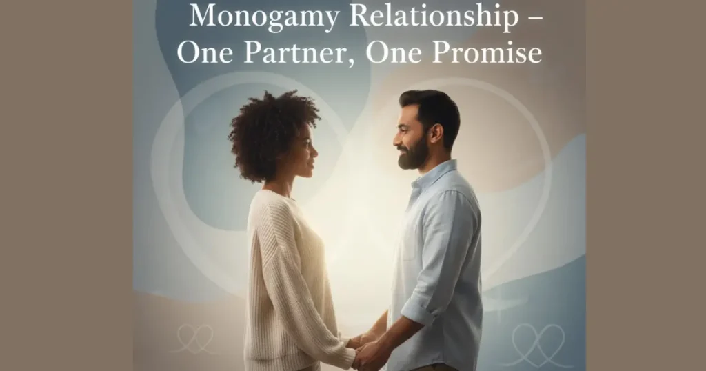 Diverse couple holding hands symbolizing monogamy, with focus keyword text “Monogamy Meaning” displayed.