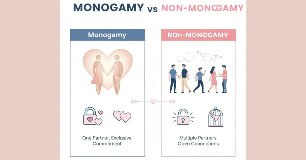 Infographic comparing key traits of monogamy and non-monogamy relationships.