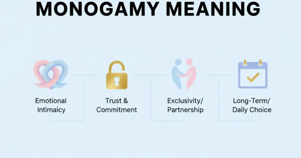Infographic showing the 4 main elements of monogamy meaning: Emotional Intimacy, Trust, Exclusivity, and Daily Choice.