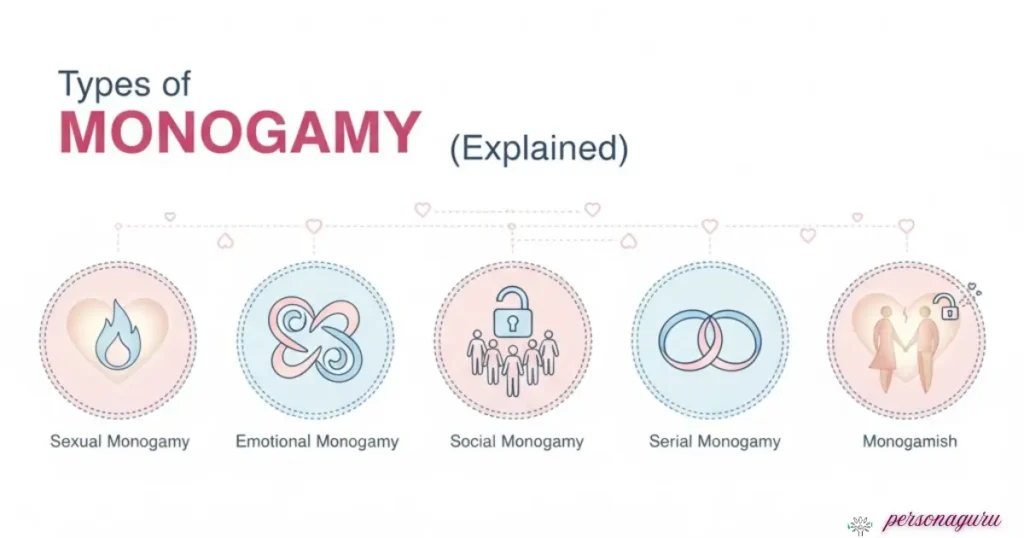 Infographic illustrating 5 types of monogamy: sexual, emotional, social, serial, monogamish.