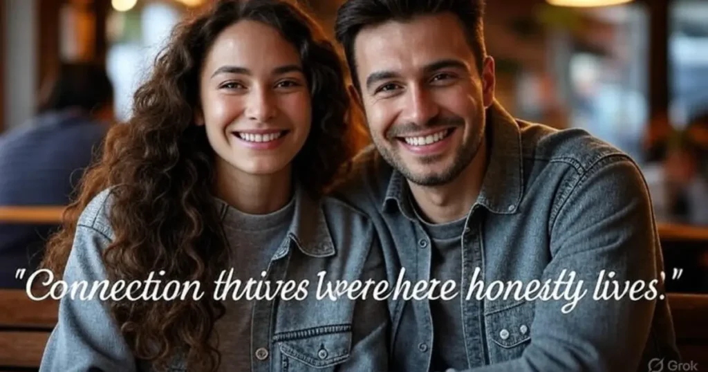 A modern couple in an open relationship sharing an intimate conversation at a cozy café, symbolizing honest communication in ethical non-monogamy (ENM).