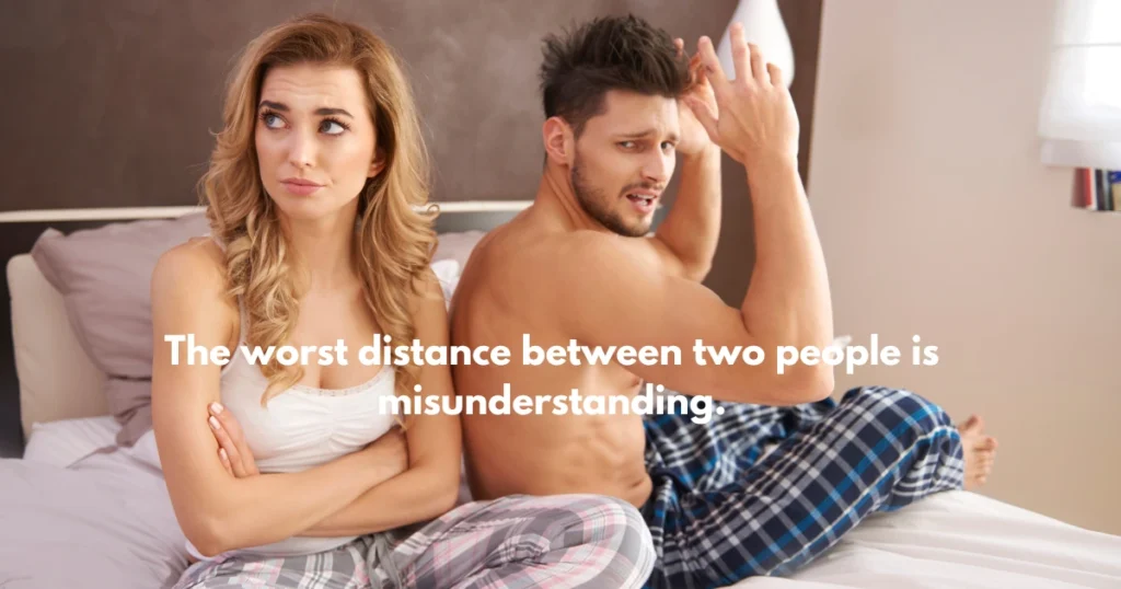 Husband and wife emotionally distant in bedroom with quote – The worst distance between two people is misunderstanding